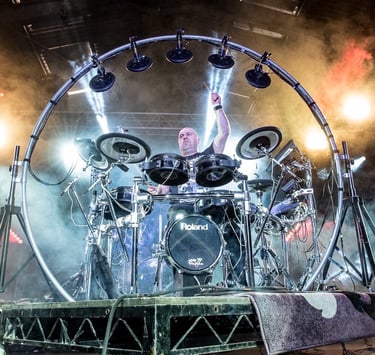 a drum kit with special circular rig  with the Haloplane