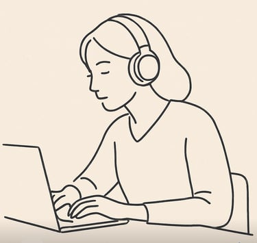 Line drawing of woman at a desk with headphones, working on creative work