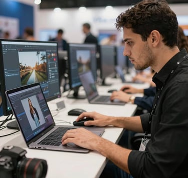 A photographer editing digital photos on a laptop and monitor at a professional media workstation.