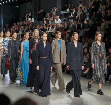 A photo of a large fashion show event with a runway. There are multiple models wearing various stylish outfits,