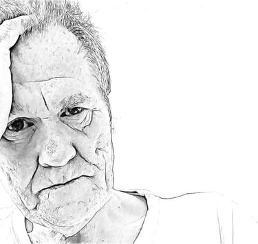 Pencil drawing of man holding his head in pain.