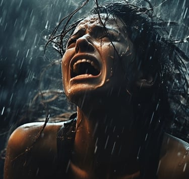 Young woman crying in pain in the rain.