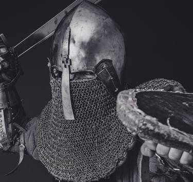 Middle age warrior in black and white.
