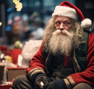 Beggar on the streets, dressed up as Santa.