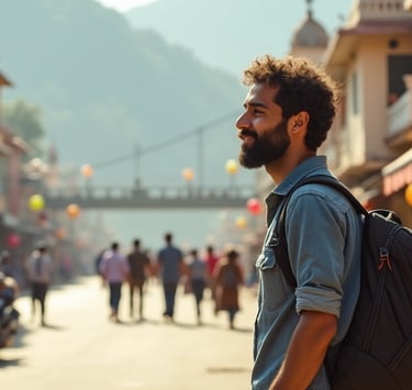 a man arrived in rishikesh, with bagpack and wonder