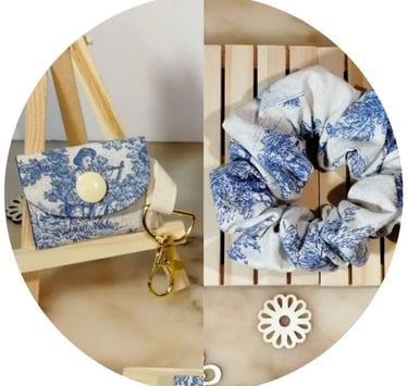 chouchou et porte-jeton en toile de Jouy