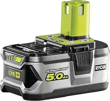 Ryobi ONE+ 18V Lithium+ 5.0 Ah high capacity rechargeable battery for power tools.