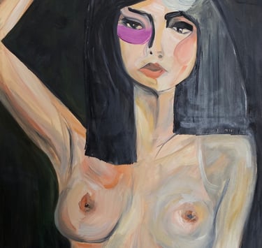  'Shade,' a sensual oil painting by Sherezade Morales, celebrating feminine allure and elegance.