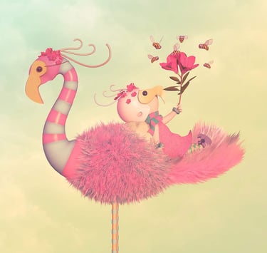 Pink flamingo and spring girl watching bees