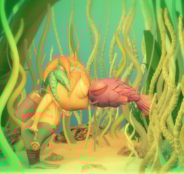 Diving boy and fish meet underwater