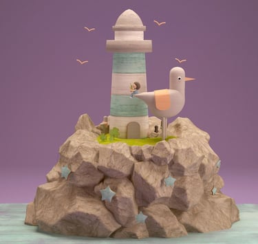 a bird and a girl sitting on top of a rock formation