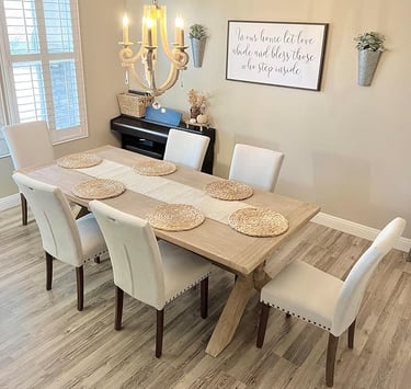 Beige upholstered dining chairs set of 4, modern nailhead trim style.