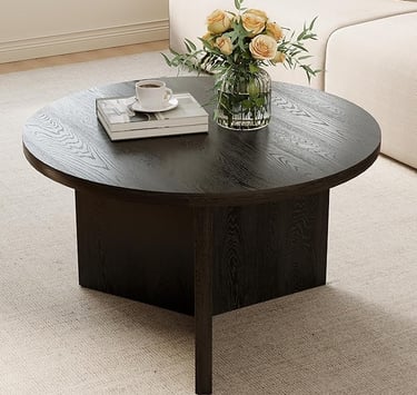 Small black round coffee table for modern living room, minimalist design