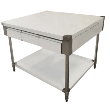 Solid work table made from heavy duty stainless steel with a built-in drawer and storage shelf.