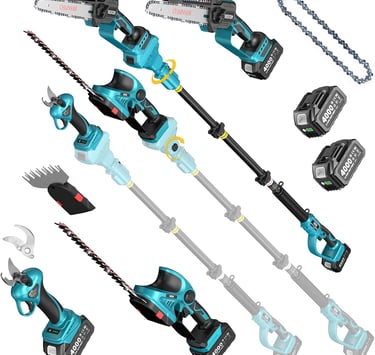 Cordless 4-in-1 garden tool kit including mini chainsaw, hedge trimmer, and pole saw with batteries.