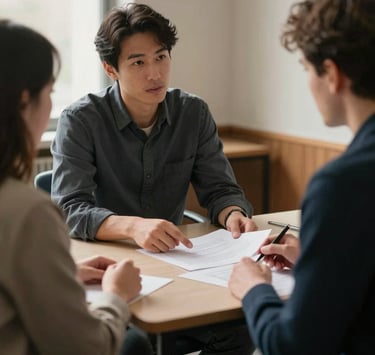 Medium shot of two people seated across a small table in a warmly lit advisor's office, one pointing at a document while the other listens, natural window light on their hands and papers, modest and unhurried atmosphere