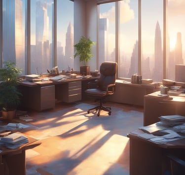 a desk with a chair and a desk with a plant in the middle