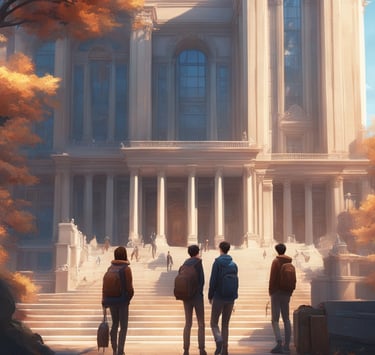 a group of university students walking up stairs in front of a university building