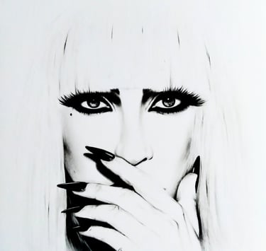 Lady gaga with long white hair and a black and white drawing of a woman '