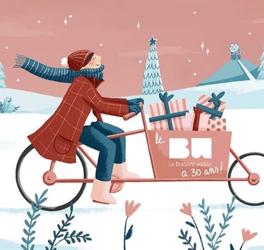 a woman cycling in a winter landscape