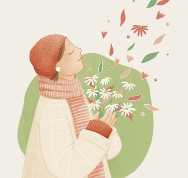 a woman in a white coat and a hat, breathing flowers 