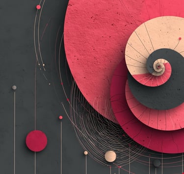 Modern abstract geometric art featuring a textured spiral of pink and grey circles on a dark background.