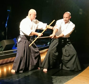 Ozeki Shigeyoshi sensei demostrando una tecnica de bojustsu e, una exhibición.