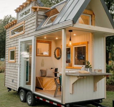 White tiny house on wheels with open door and big window