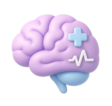 Ícono 3D de un cerebro color lila con un símbolo médico y línea de pulso, representando salud mental