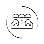 Line icon illustration of a dental bridge being placed over two natural teeth.