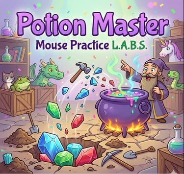 Potion Master Academy game cover for mouse practice, featuring a wizard character and a bubbling cau