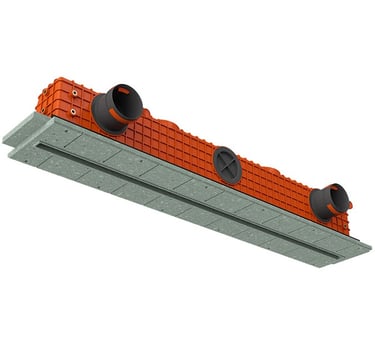 ERGOVENT LINEO PRO PROFILE 75-90 angled view showing orange plenum body with round duct inlets and gray gypsum frame