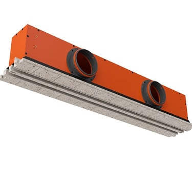 ERGOVENT LINEO PRO PUZZLE 125-2 perspective view showing orange plenum with two duct connectors and slotted gypsum face