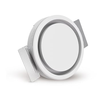 ERGOVENT RONDO 100-125 angled view showing white round concealed diffuser with perforated side mounting vanes