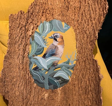 Acrylique sur écorce de liège, oiseau geai des chênes