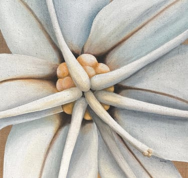 Peinture acrylique sur toile de jute, titre de l’œuvre : "Asphodèle"