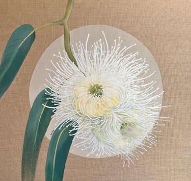 Détail de peinture acrylique sur toile de jute, titre de l’œuvre : "Eucalyptus"