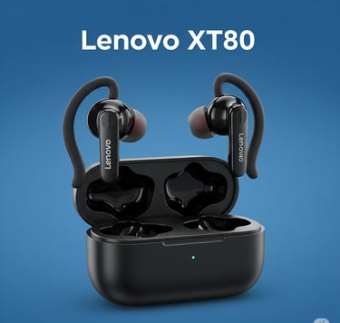 um par de fones de ouvido com o Lenovo X800 em primeiro plano