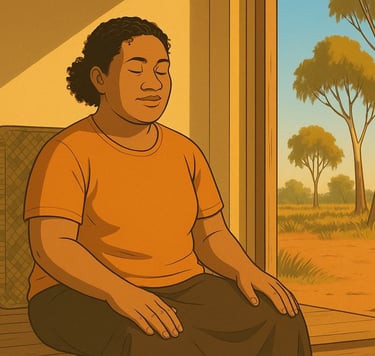 Tongan woman sitting calmly on veranda in Robinvale, eyes closed, relaxed in warm morning light among gum trees.