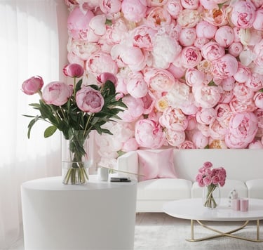 luxury nail salon lounge with a large pink flower wall mural