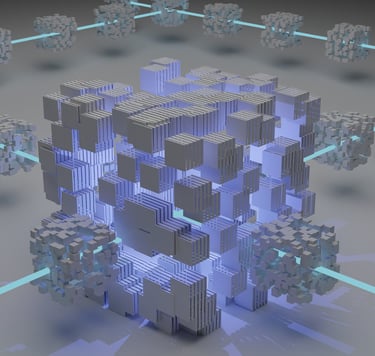 Representation of blockchain technology, large boxes created from many smaller boxes connected