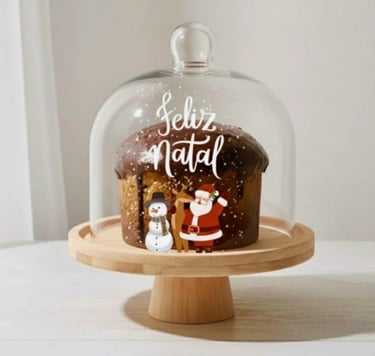 Porta Panetone de Vidro e Bambu Personalizado Panetoneira Chocotone Suporte Decoração de Natal e Cei