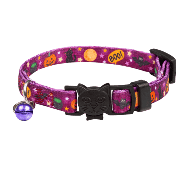 Pawnest® Meowgic Boo Halloween cat collar – purple spooky design with safe cat-face buckle and bell.