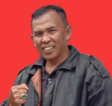 a man in a black jacket and a red background