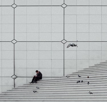 a man sitting on a set of stairs with birds