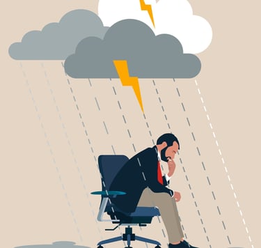 a man in a suit sitting in a chair in heavy rain and thunder