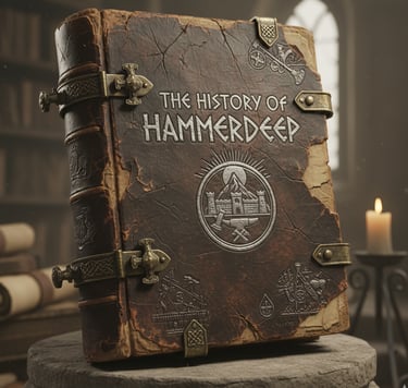 An ancient, leather-bound book titled "The History of Hammerdeep" rests on a stone pedestal
