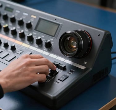 Close-up of a hand adjusting a professional color grading console. The equipment is sleek and black, set against a deep sea blue desk. Soft mist white light hits the metallic surfaces, emphasizing cutting-edge technology.