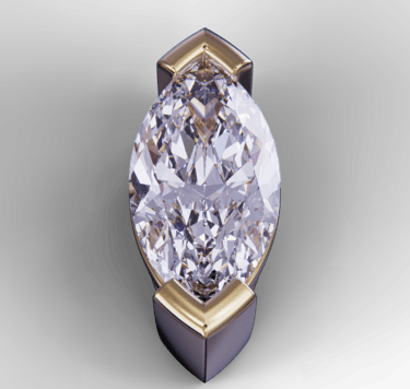 A marquise cut diamond set in a modern gold and silver tension mounting protected by a V-prong