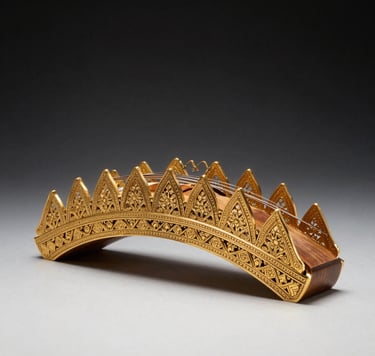 Detailed photography of a handcrafted gold North African / Moroccan oud bridge with intricate patterns, set against a black minimalist background. Soft studio lighting in gold and white tones.